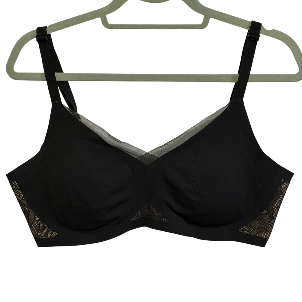 Honeylove Crossover Lace Bra Black Mesh Trim Wireless Support Size Large